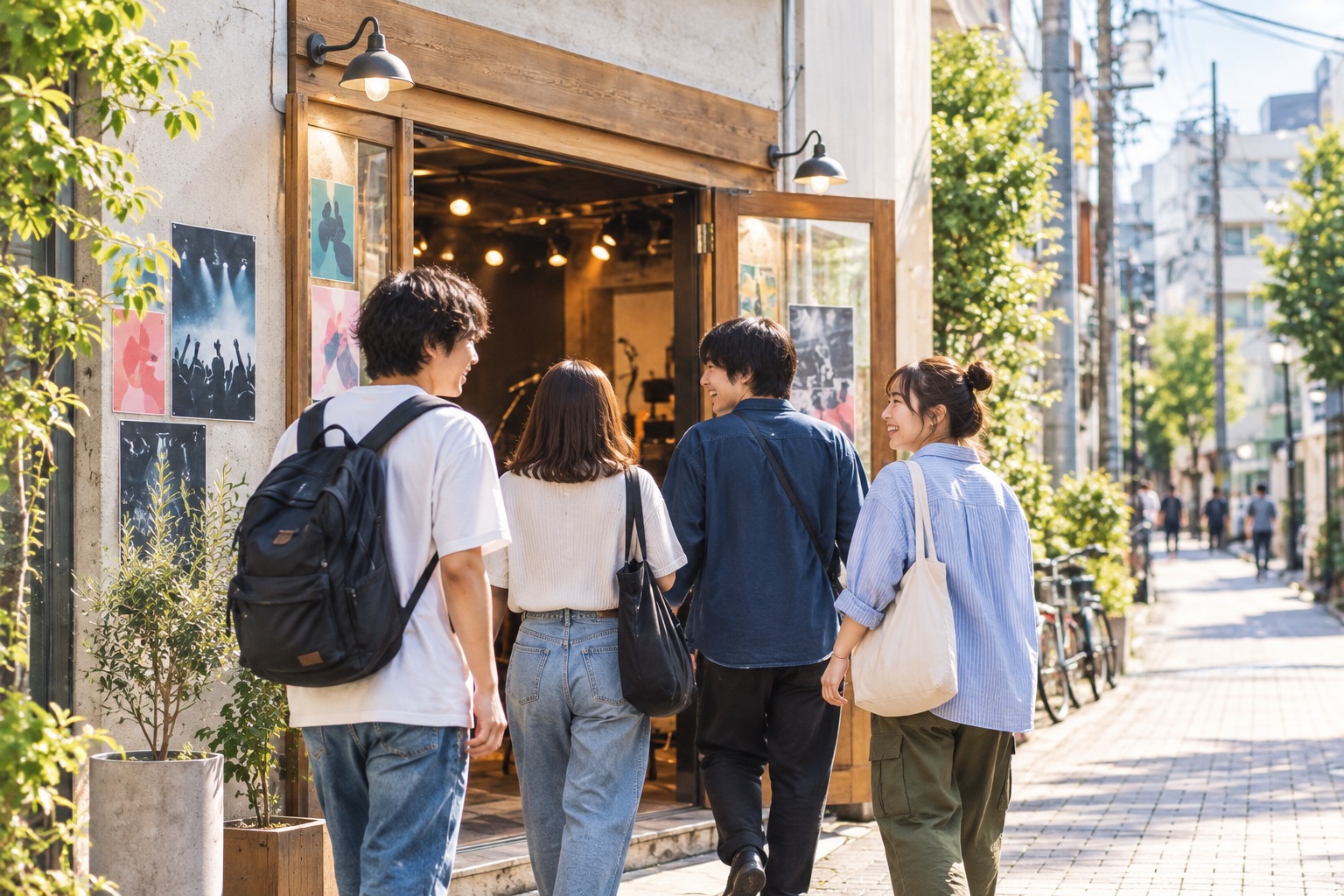 明るいライブハウスの入口へ、友達と向かう人たちのイメージ